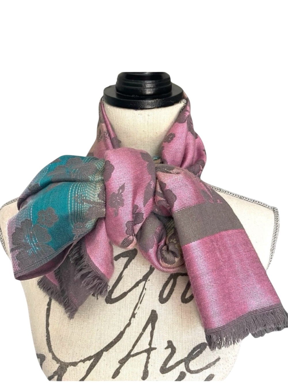 Pink/Teal/Taupe/Grey Floral Cashmere Scarf Wrap
